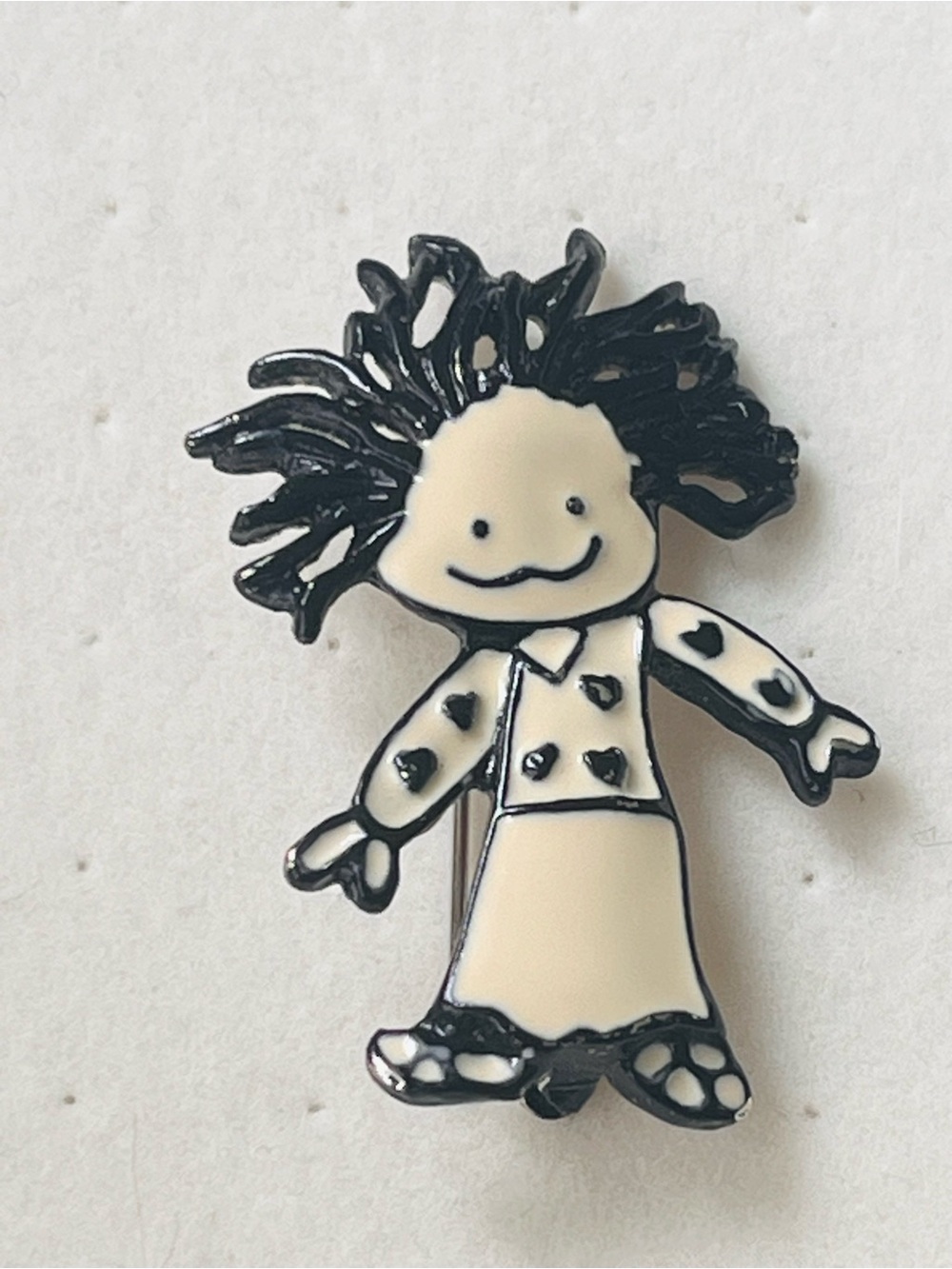 Vintage SFJ Steinmetz Black & White Enamel Wild Hair Girl Doll Brooch Pin #48989